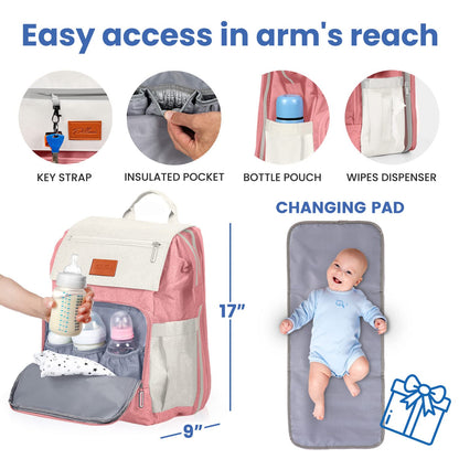 PILLANI Baby Diaper Bag Backpack - Large Waterproof Travel Diaper Bag for Boys & Girls, 16 Organizer Pockets with Changing Pad, Insulated Bottle Pockets & Stroller Straps, Baby Shower Gifts, Dinosaur