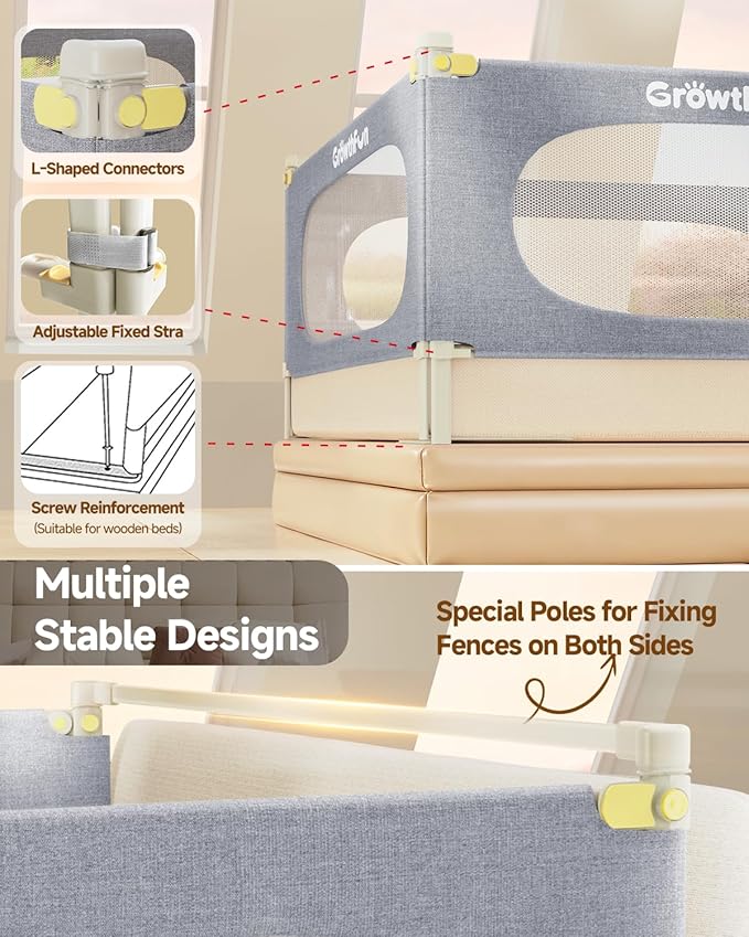 3-Piece Twin Size Bed Rail for Toddlers, Baby Bed Rail Guard with Height Adjustable Toddlers Bed Rail, Kids Safety Bed Rail for Twin Size Bed (74.8"x74.8"x39" - Grey)