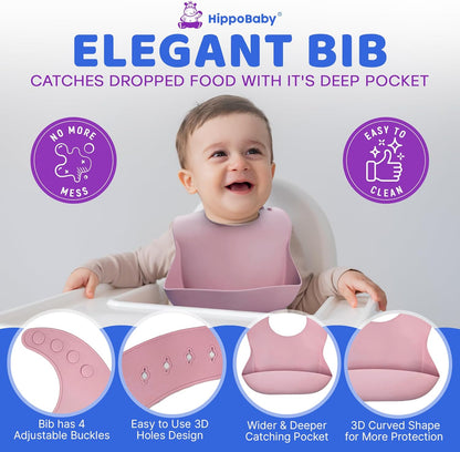 HippoBaby Baby Led Weaning Supplies | 10 Piece Silicone Baby Feeding Set | Baby Toddler Bib Cup Divided Plate and Bowl Self Feeding Spoons Dish Set | Baby Utensils | Toddler Feeding Supplies (Sky)