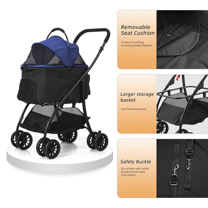 Pet Stroller Quickly Folds for Easy Storage Cat Stroller with Detachable Carrier Thickened Oxford Cloth Breathable Basket Dog Strollers for Small Dogs (Black)
