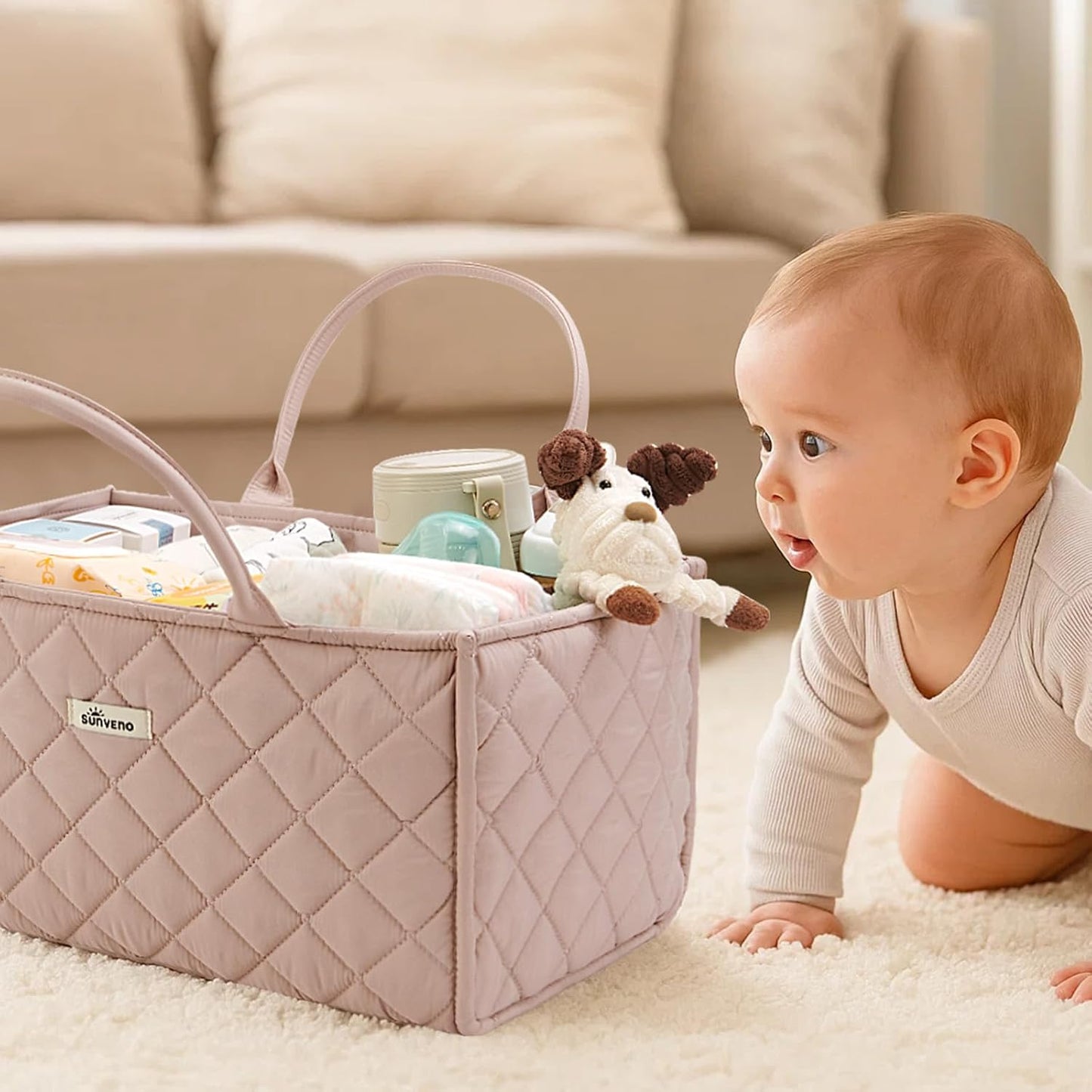 SUNVENO Quilted Diaper Caddy Organizer, Soft Padded Baby Diaper Caddy with Removable Dividers, Large Nursery Storage Basket for Diapers, Wipes and Baby Essentials, Portable Nursery Organizer, Brown