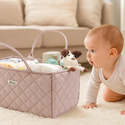 SUNVENO Quilted Diaper Caddy Organizer, Soft Padded Baby Diaper Caddy with Removable Dividers, Large Nursery Storage Basket for Diapers, Wipes and Baby Essentials, Portable Nursery Organizer, Brown