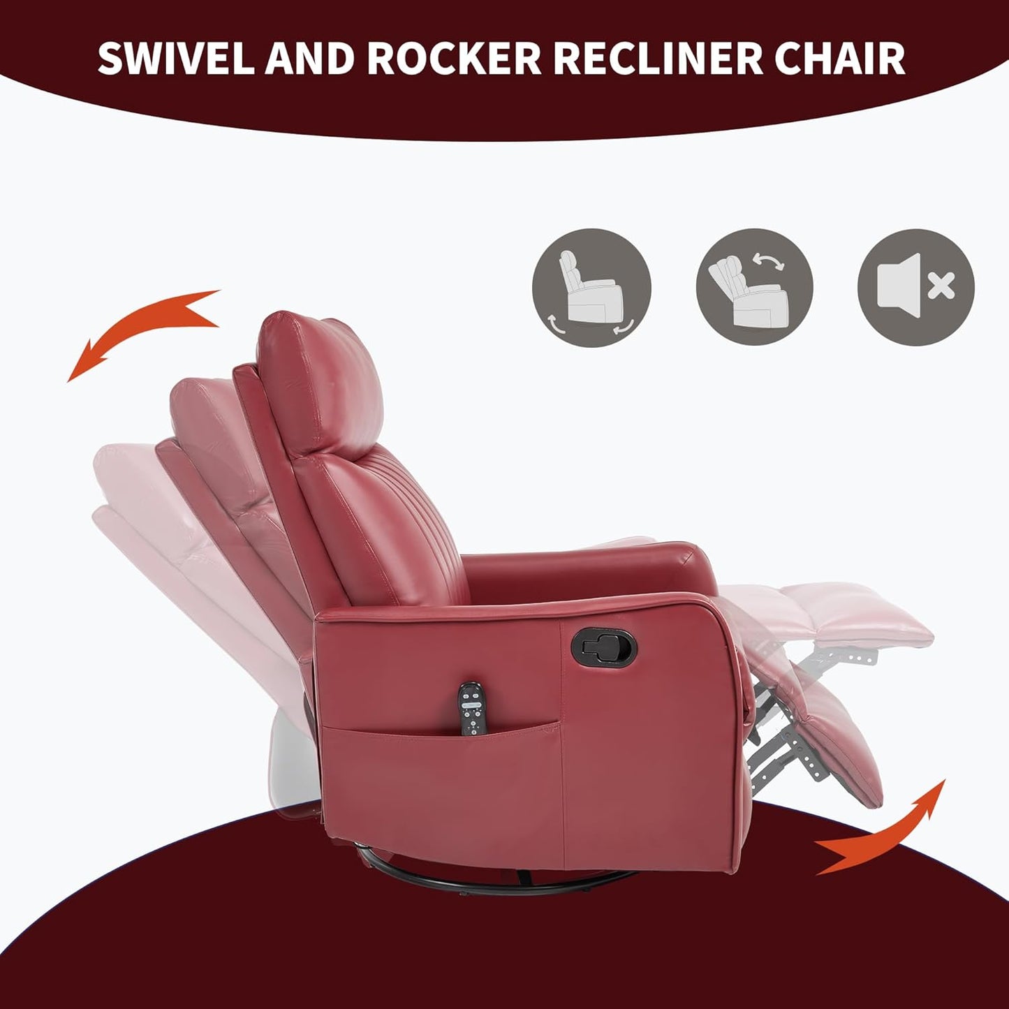 Swivel Rocker Recliner Chair for Adults, Nursery Rocking Chair with Heat and Massage, Glider Reclining Chair for Small Space Living Room Bedroom, Faux Leather Black