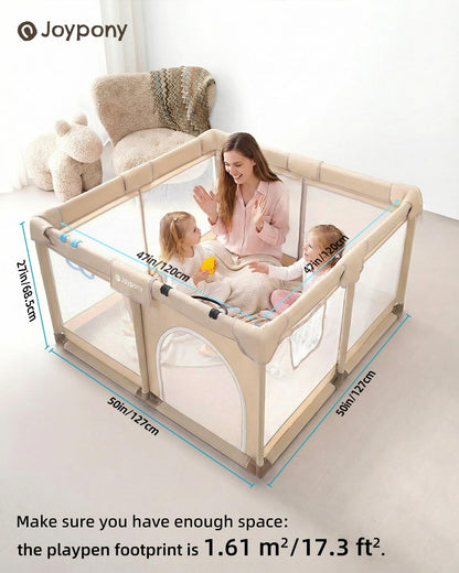 Joypony Baby Playpen with Mat, 50x50 in Small Play Pen for Babies, Toddler Playpen for Apartment, Indoors Play Yard with Soft Breathable Mesh (Beige with Mat)