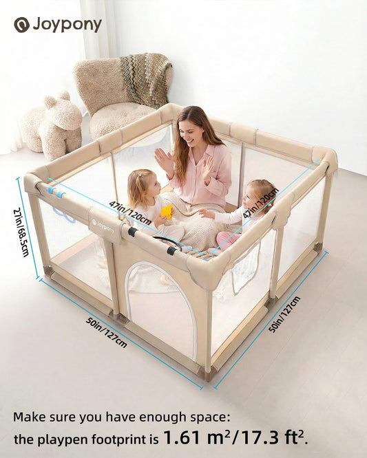 Joypony Baby Playpen with Mat, 50x50 in Small Play Pen for Babies, Toddler Playpen for Apartment, Indoors Play Yard with Soft Breathable Mesh (Beige with Mat)