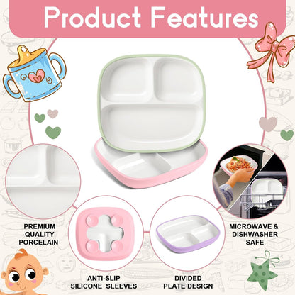 Domensi Kids Porcelain Plates with Silicone Sleeves 8.2 Inch Divided Porcelain Plate Toddler White Suction Dishes for Baby Troubleless Eating Microwave Dishwasher Safe(Stylish,3 Set)