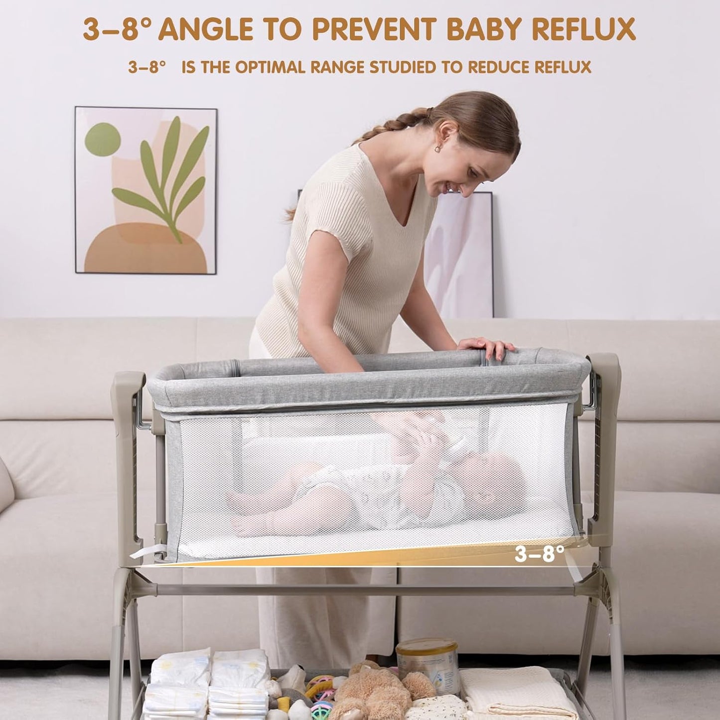 Ezebaby Baby Bassinet Bedside Crib, 3-in-1 Rocking Bassinets Bedside Sleeper with Comfy Mattress and Wheels, 6-Height Adjustable, Stable and Secure Crib for Newborn Infant