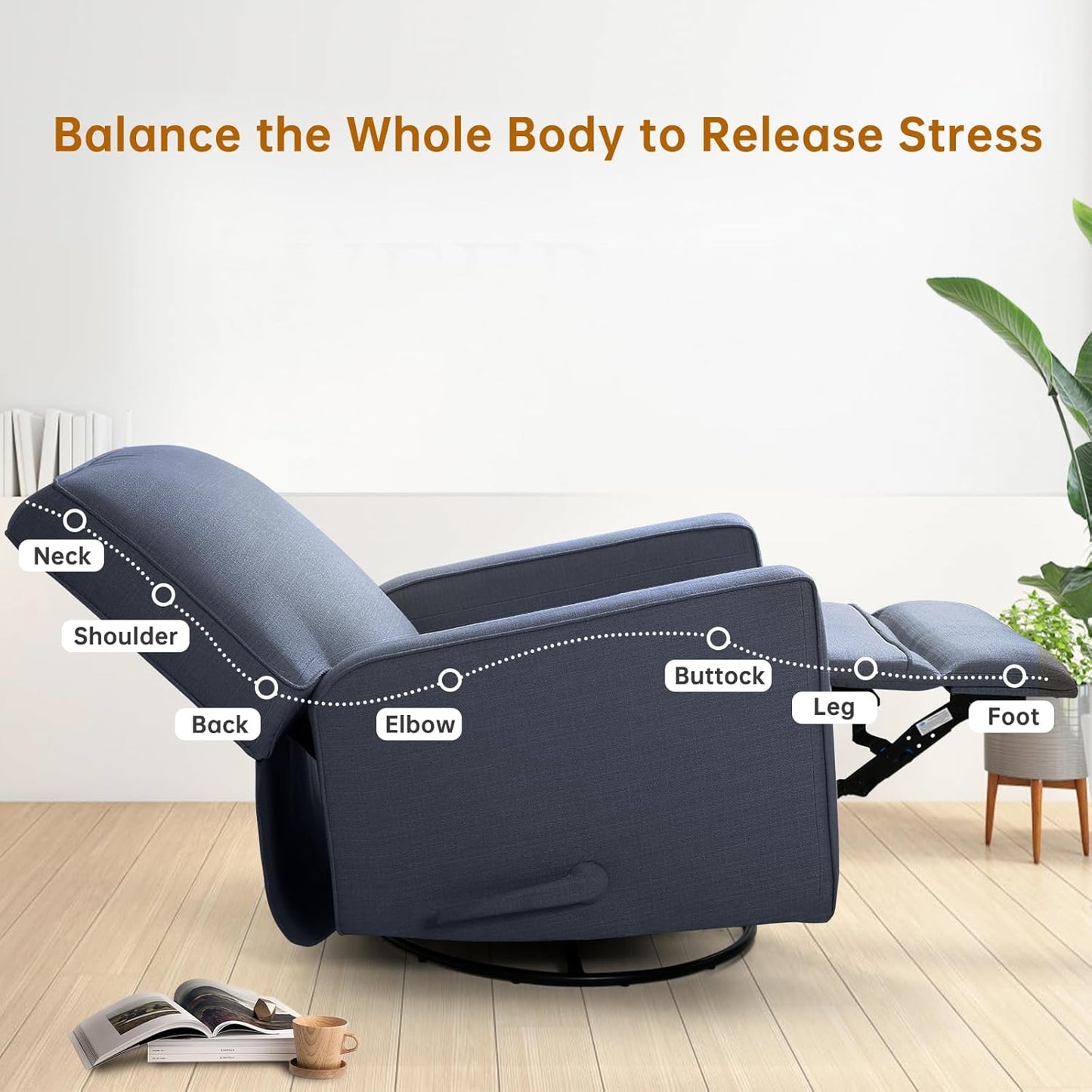 Swivel Rocker Recliner Chair for Adults, High Back Fabric Recliner with Deep Seat, Manual Glider for Living Room & Nursery, Grey