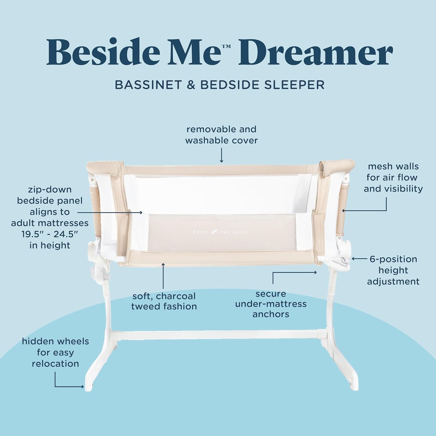 Baby Delight Beside Me Dreamer Bassinet | Bedside Sleeper | 6-Position Height Adjustment | Charcoal Tweed