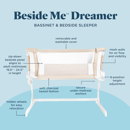 Baby Delight Beside Me Dreamer Bassinet | Bedside Sleeper | 6-Position Height Adjustment | Charcoal Tweed