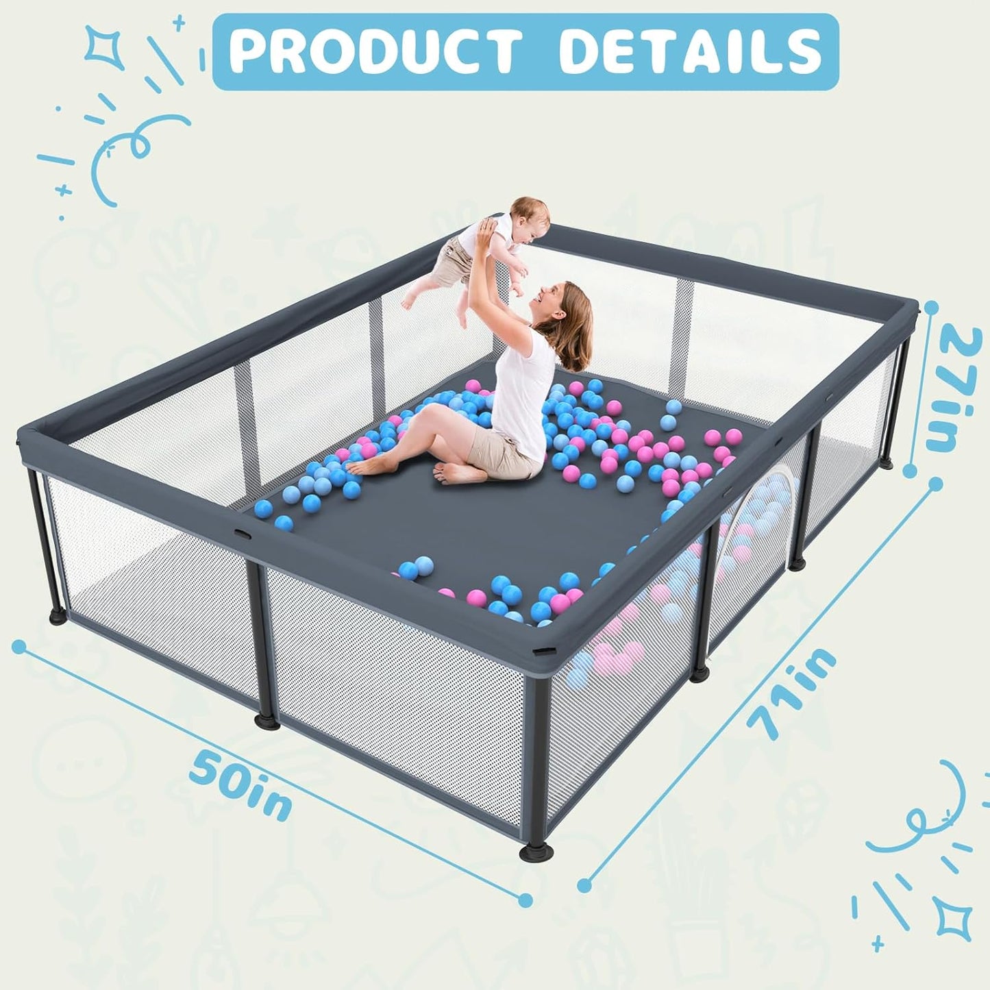 TOREVSIOR Foldable Baby Playpen with Mat, 50"×50" Collapsible Play Pen for Babies and Toddlers, Indoor & Outdoor Kids Safety Play Pen, Portable Play Yard, Foldable Baby Playpen with 50 Ocean Balls