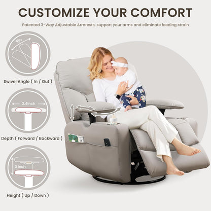 GRAINELL Oversize Power Swivel Recliner, 40in Wide Electric Glider Rocking Chair with Headrest Adjustment, USB Port, 270° Swivel, Rock 30° – for Living Room, Nursery, Black (5" 7' to 6" 1' Height)
