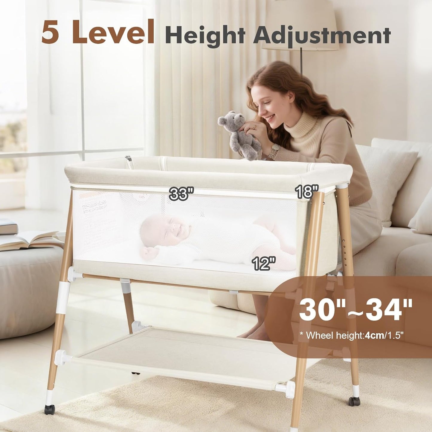 Baby Bassinet, 3 in 1 Bedside Bassinet Sleeper for Newborn, Portable Baby Crib with 4 Detachable Wheels & Adjustable Height, Breathable Mesh & Mattress, Mosquito Net& Storage Basket (Grey)