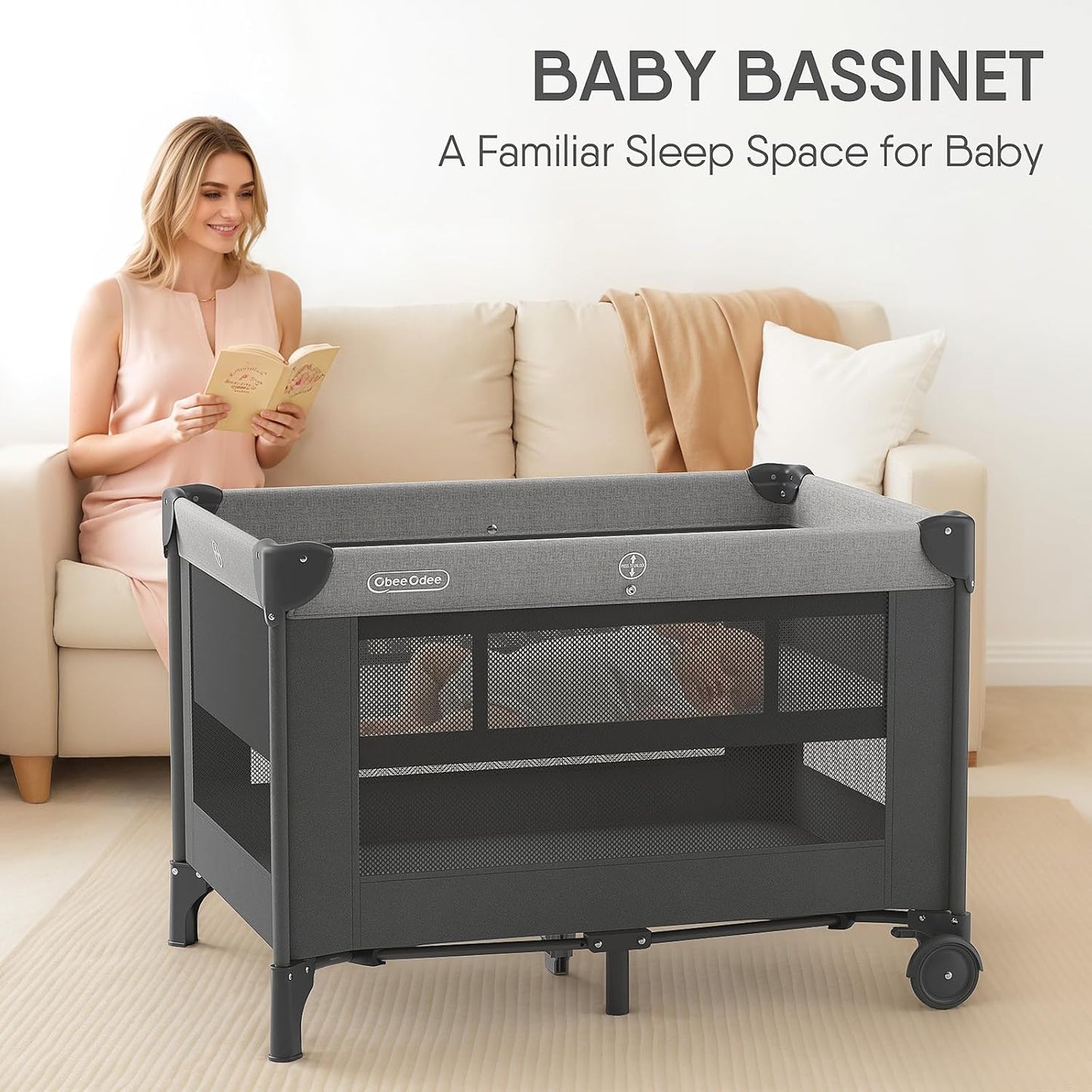 Obee Odee 4-in-1 Baby Bassinet with Playard, Napper Bassinet, Changing Table, Mosquito Net & Canopy, Storage and Toys for Newborn to Toddler