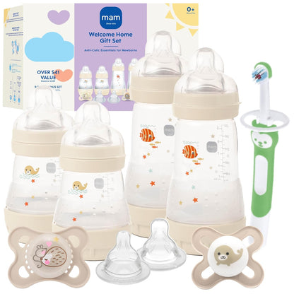 MAM Easy Start Anti-Colic Baby Bottle Starter Set – 4 Self Sterilizing Bottles (5oz & 9oz) + 2 Newborn Pacifiers Breastfed Baby Feeding Gift Set