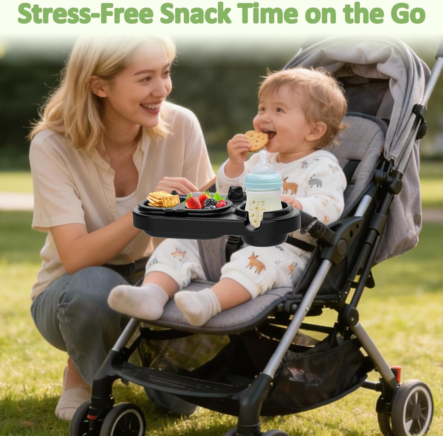 JACZZO Universal Stroller Snack Tray with 3 Detachable Silicone Bowls, Anti-Slip Silicone Grips & Cup Holder, Stroller Attachment for Nuna, Uppababy, Travel Essentials for Baby, Stroller Accessories