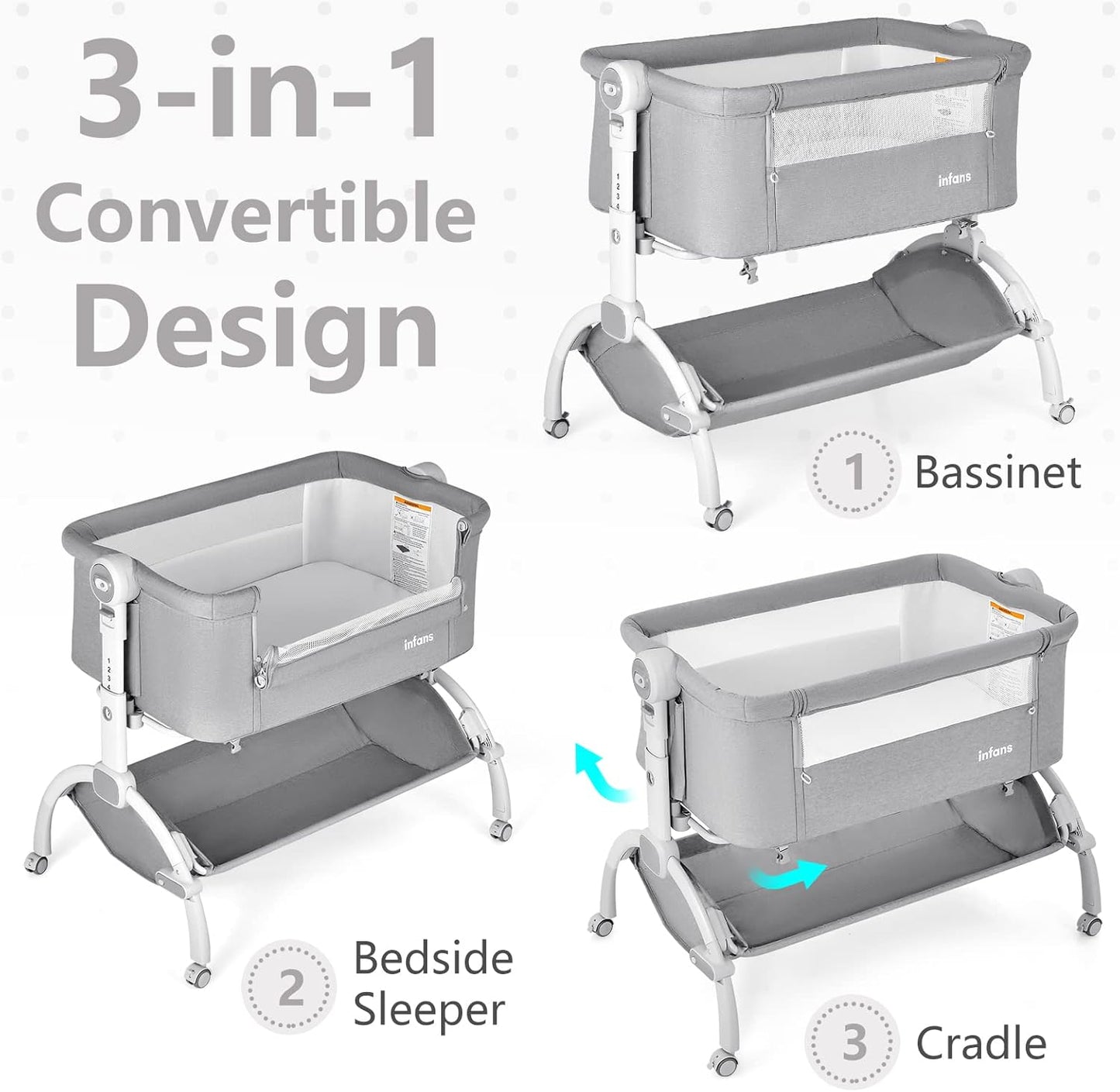 INFANS 3 in 1 Baby Bassinet, Bedside Sleeper, Rocking Cradle, Easy Folding Portable Safer Co-Sleeping Crib with Height Adjustable, Wheels Storage Basket Travel Bag for Infant Newborn (Gray)