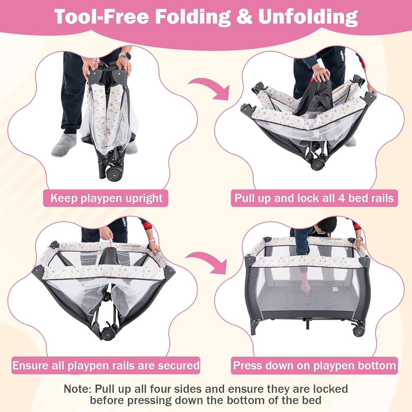 HONEY JOY Pack and Play, 3 in 1 Portable Baby Playard with Bassinet, Changing Table, Lockable Wheels, Music Box, Foldable Travel Baby Crib Nursery Center from Newborn to Toddler (Coffee Pink)