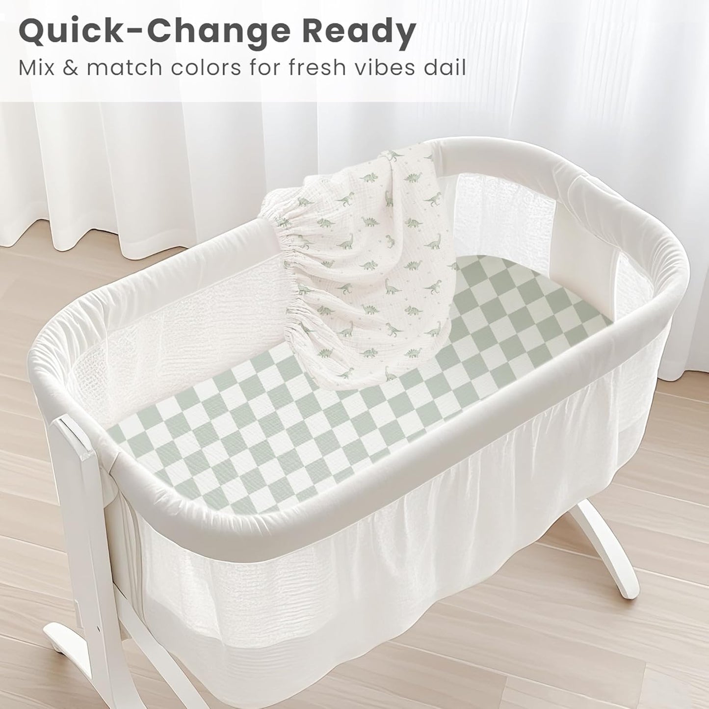 Konssy Muslin Fitted Bassinet Sheets 2 Pack for Baby Girl Boy, Soft Bedside Sleeper Bassinet Sheets Fit for Baby Bassinets, Moses Basket Oval Rectangle Pad/Mattress