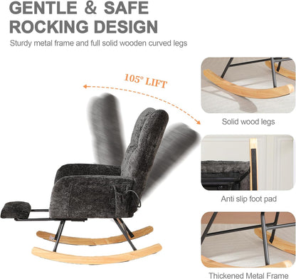 Rocking Chair Nursery with Airbag, Comfy Modern Nursery Rocking Reading Chair indoor with Footrest, Cozy Upholstered Glider Rocker Chairs for Living Room Bedroom Offices(Chenille, Dark Grey)