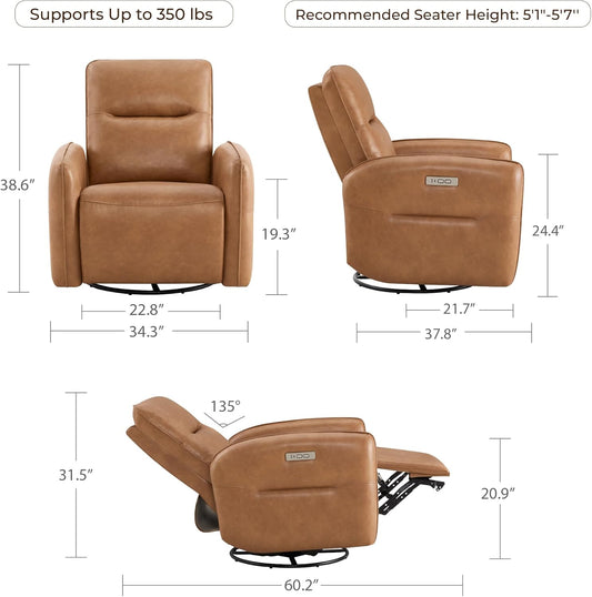 CHITA Power Recliner Chair, Faux Leather Swivel Glider for Adults, Electric Nursery Rocking Chair with USB & Type-C Charging for Living Room, Bedroom, Chocolate Brown