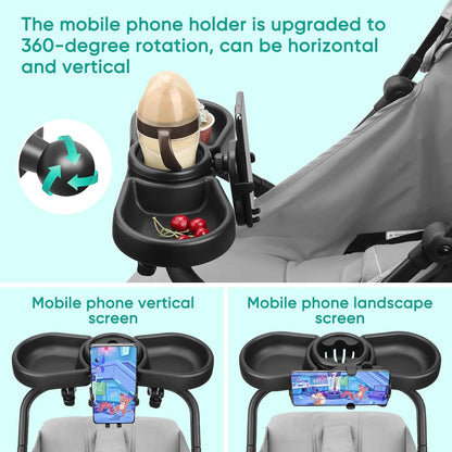 Universal Stroller Snack Tray, 4 in 1 Stroller Tray Attachment with Cups Phone Holder for Baby Toddler Stroller, 360° Rotation Universal Stroller Tray Compatible with Uppababy, Baby Jogger, etc