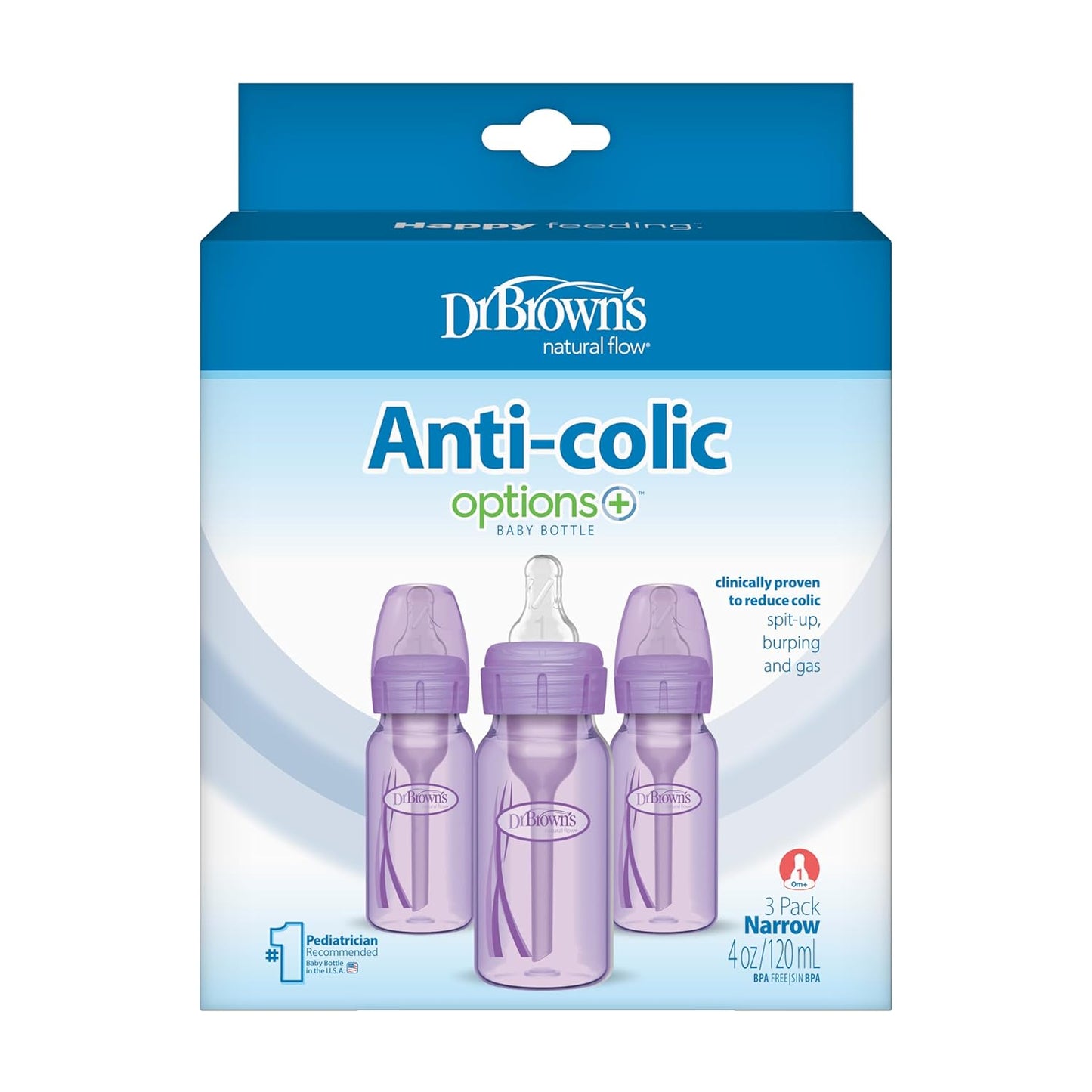 Dr. Brown’s Anti-Colic Options+ Narrow Baby Bottles, 0m+ Level 1 Nipple - Baby Bottle to Reduce Colic (3 Pack), Purple 8 oz