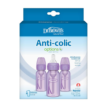Dr. Brown’s Anti-Colic Options+ Narrow Baby Bottles, 0m+ Level 1 Nipple - Baby Bottle to Reduce Colic (3 Pack), Purple 8 oz