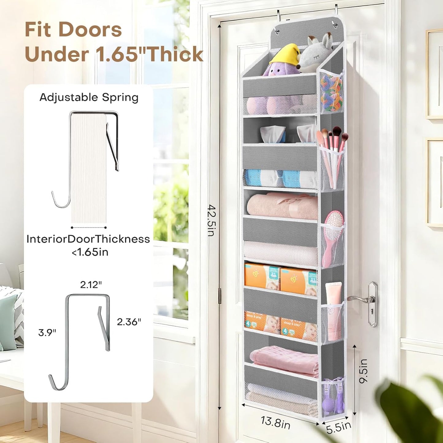 SpaceWhisper Over the Door Organizer, 4 Large Pocket Hanging Storage Organizer with 40lb Capacity, Space Saving for Nursery, Bathroom, Bedroom, Closet - Baby Essentials & Toiletry Organizer (Pink)