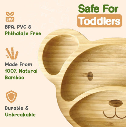 Bamboo Plates for Kids - Baby & Toddler Plates with Suction for Feeding & Weaning, Eco-Friendly Bear Design Promotes Self-Feeding, Ideal for Busy Moms & Dads, Sturdy & BPA-Free (Pink)