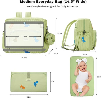 GOBABYMART Diaper Bag Backpack with Changing Pad - Travel Baby Bag, Insulated Bottle Pockets, Stroller Straps (Medium - Green Dinosaurs)