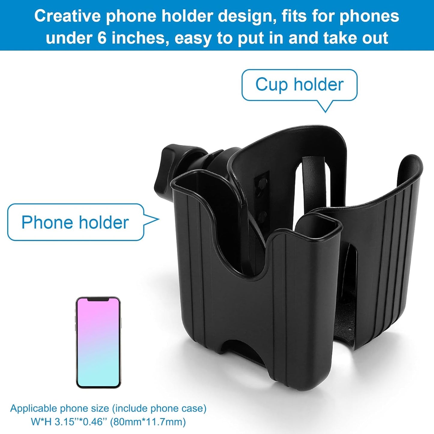 Accmor Universal Cup Holder, Stroller Cup Holder with Phone Holder, 360° Rotatable Large Caliber Designed Bottle Holder for Stroller, Bike, Wheelchair, Walker, Scooter