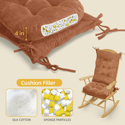 Millsilo Rocking Chair Cushions 3-Piece Set with Neck Pillow, Indoor Rocker Comfortable Tufted Non-Slip Pads with Ties, High-Density Foam Cushion for Adirondack Glider Chair, Orange, 52 x 19 x 4 Inch