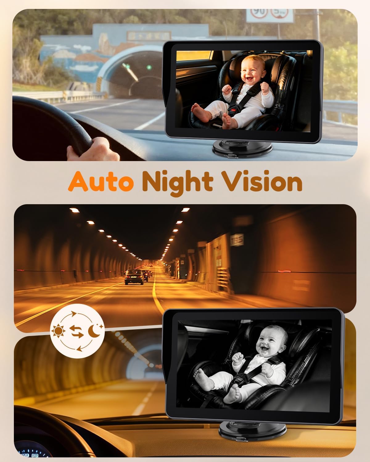 Yakry HD Baby Camera for Car 7.2-Inch: 3X Larger View, 5-Min USB Easy to Install, 1080P Auto Night Vision - 150° Wide Angle Car Seat Camera Full Backseat View for Kid & Infant Safety (Ages 0-5)