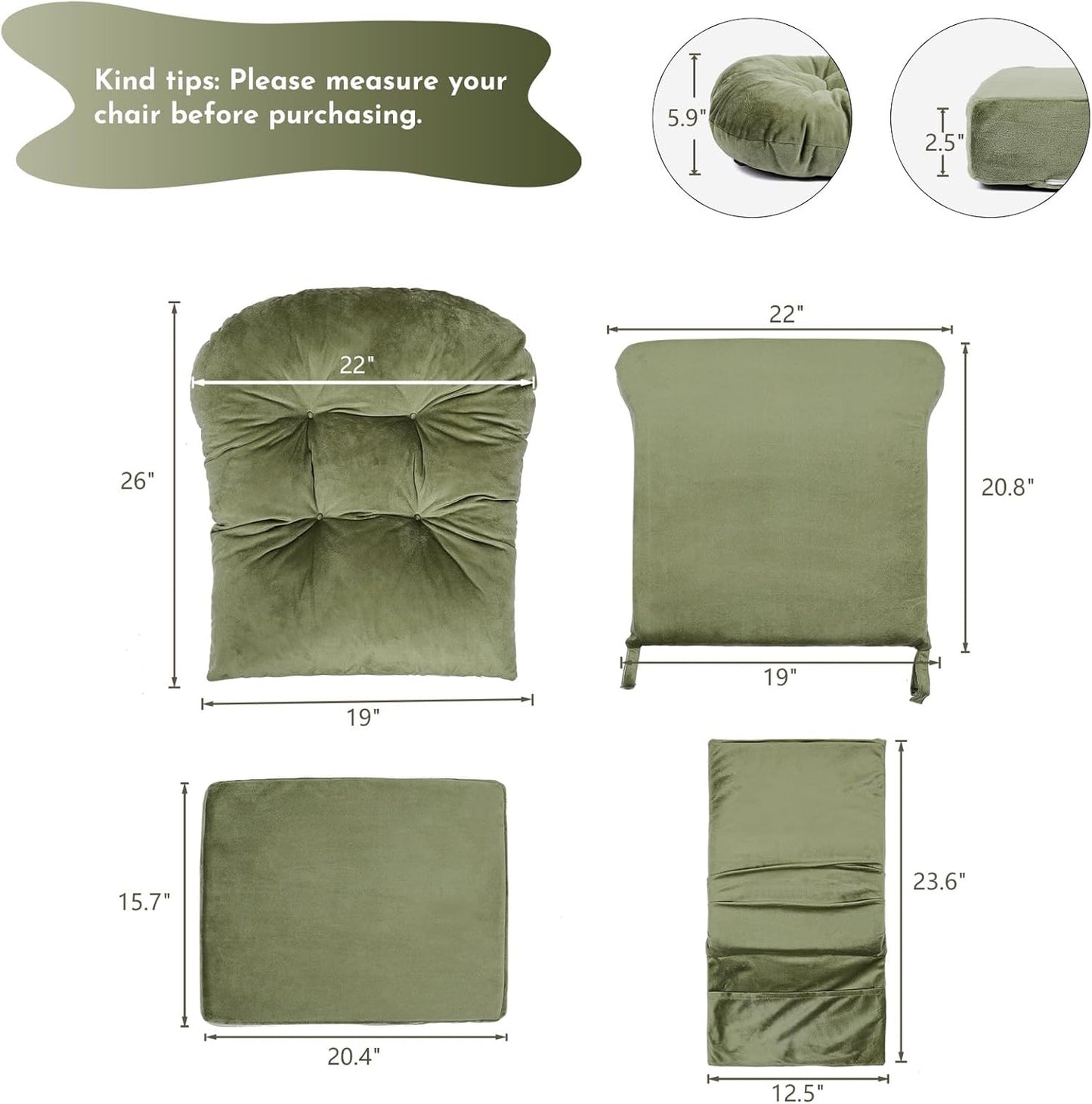 Lucky Monet 5Pcs Glider Rocker Replacement Cushions - Velvet Glider Cushions Replacement Set with Side Storage Pockets, Thick Glider Chair Cushions Washable & Non Slip, Cushion ONLY - Beige