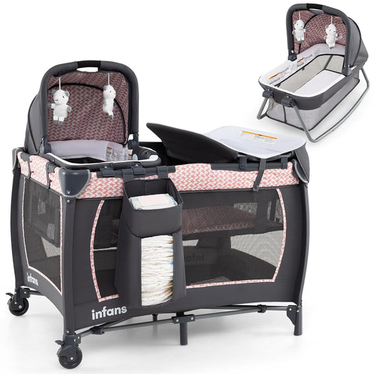 INFANS 4 in 1 Pack and Play, Portable Nursery Center for Baby Kid Infant, Travel Playard with Bassinet, Mattress, Diaper Changer, Bag, Music Box, Storage Basket (Pink)