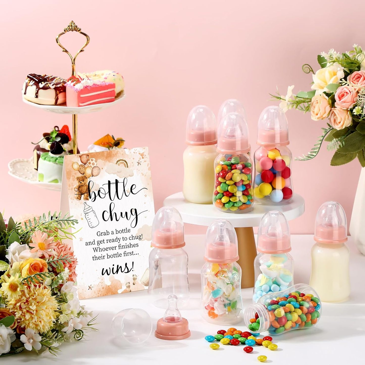 TrelaCo Bottle Chug Baby Shower Game 20 Pcs Baby Bottles Shower Favor with 1 Greenery Theme Sign for Gender Reveal Party Supplies Gifts(Green)