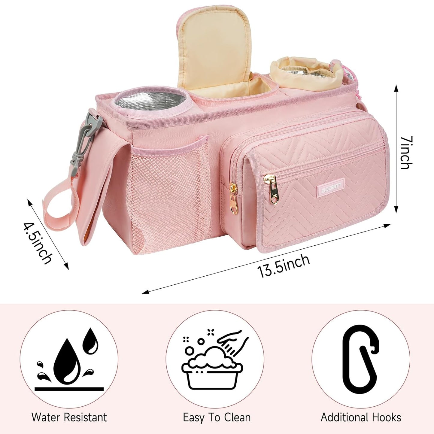 Universal Stroller Organizer with Insulated Cup Holders,Large Capacity Non-Slip Stroller Caddy Bag Fits for Uppababy/Doona/Jogger/Britax/Mompush/BoB with Anti-Sag Hard Bottom and Wet Wipes Pocket