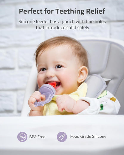 Silicone Baby Fruit Food Feeder (2 Pack) with Freezer Nibble Tray, Breastmilk Popsicle Molds for Baby Teething Relief, Feeder for Safe Infant Self Feeding, BPA Free, Dishwasher Safe, 3 Month+ Pink