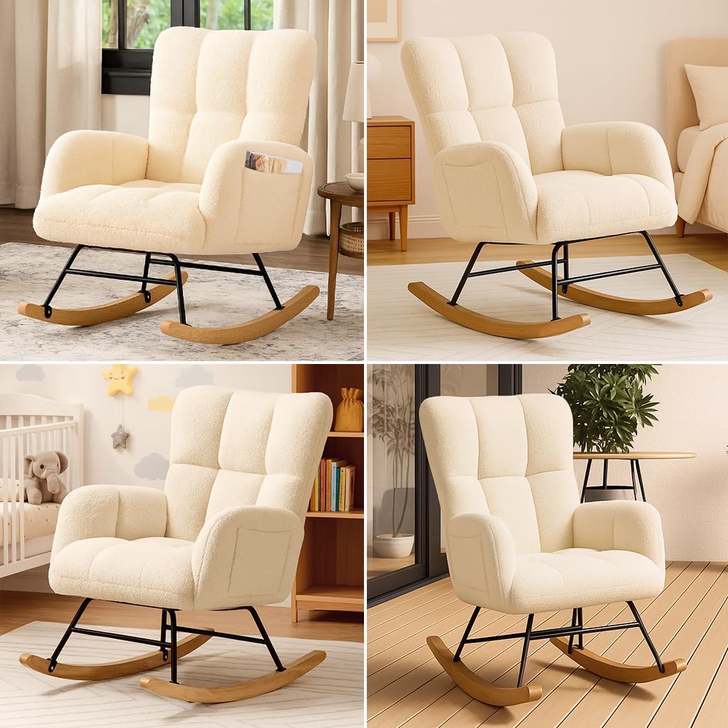 COMHOMA Nursery Rocking Chair with Ottoman,Teddy Glider Rocking Chair,Accent Chair with High Backrest Reading Chair for Adult,Nursery,Bedroom,Living Room,Offices(Beige with Ottoman)