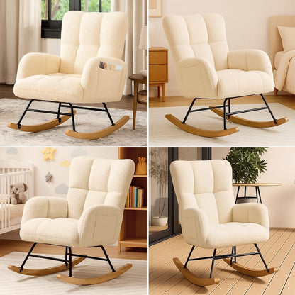 COMHOMA Nursery Rocking Chair with Ottoman,Teddy Glider Rocking Chair,Accent Chair with High Backrest Reading Chair for Adult,Nursery,Bedroom,Living Room,Offices(Beige with Ottoman)