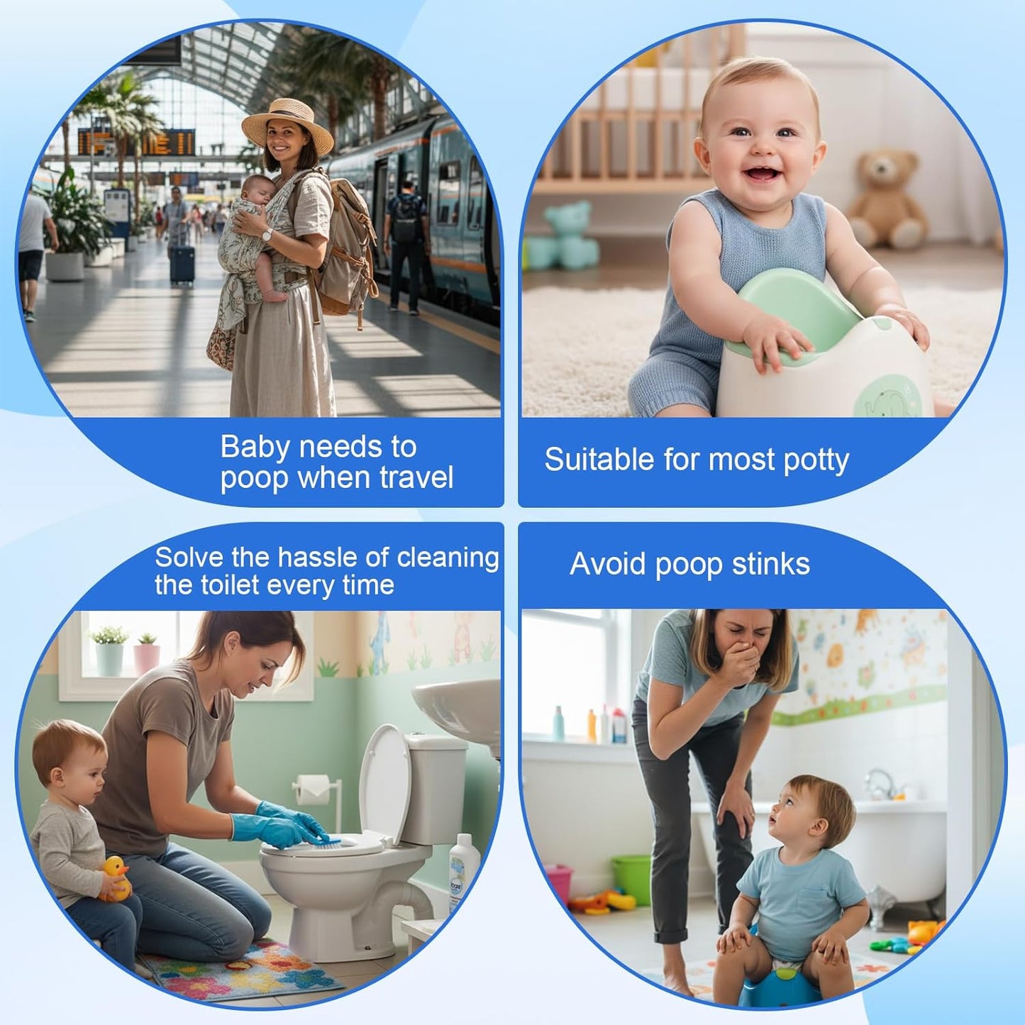 Dunzoom 400 Pcs Potty Chair Liners with Elastic Disposable Clear Refill Potty Bags for Training Travel Leakproof & Easy to Clean for Most Toilet Training Seat Floor Bedside Commode 18" x 8"