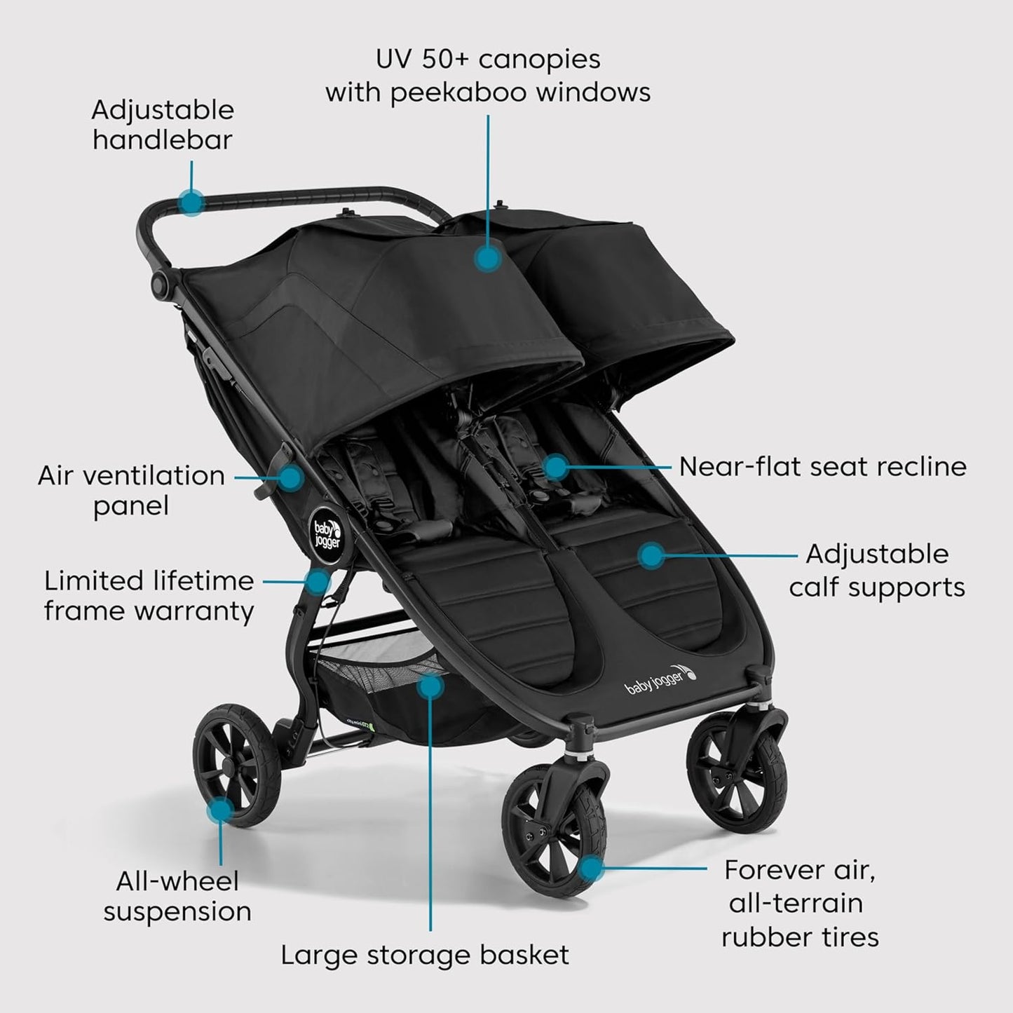 Baby Jogger City Mini GT3 All Terrain Baby Stroller with Forever Air Rubber Tires, All Wheel Suspension, Lightweight Stroller with Magnetic Buckle, No-Rethread Harness, and Foot Brake, Frosted Ivory
