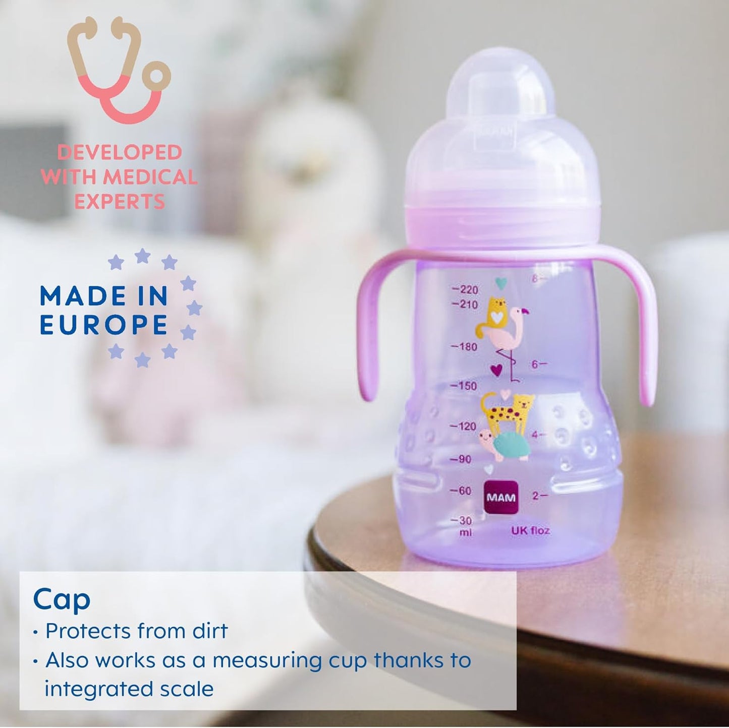 MAM 8 oz Trainer + Sippy Cup 2-Pack, 4+ Months 2-in-1 Baby Training Cup with Nipple & Silicone Spout, Spill Proof, BPA Free, Dishwasher Safe, Made In Europe