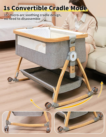 Baby Bassinet, Bedside Bassinet for Baby, 4 in 1 Portable Bassinet Bedside Sleeper with Wheels Mosquito Net & Storage Basket, 6 Height Adjustable Rocking Bassinet for Newborn Baby