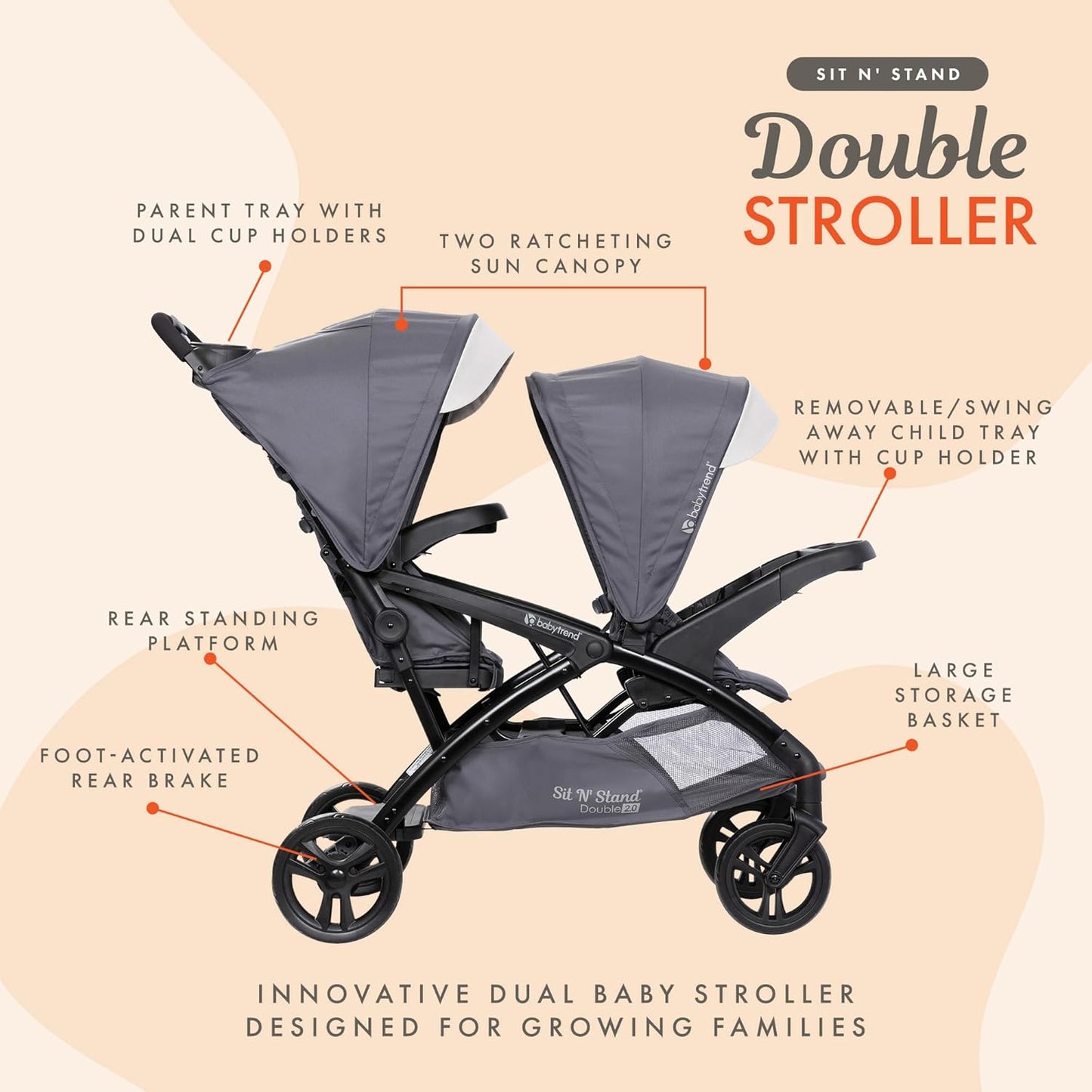 Baby Trend Double Stroller with Canopy Visors, Storage Basket and 2 Cup Holders, Sit N' Stand 2.0 DLX, Stormy – Foldable Infant and Toddler Tandem Stroller and Travel System