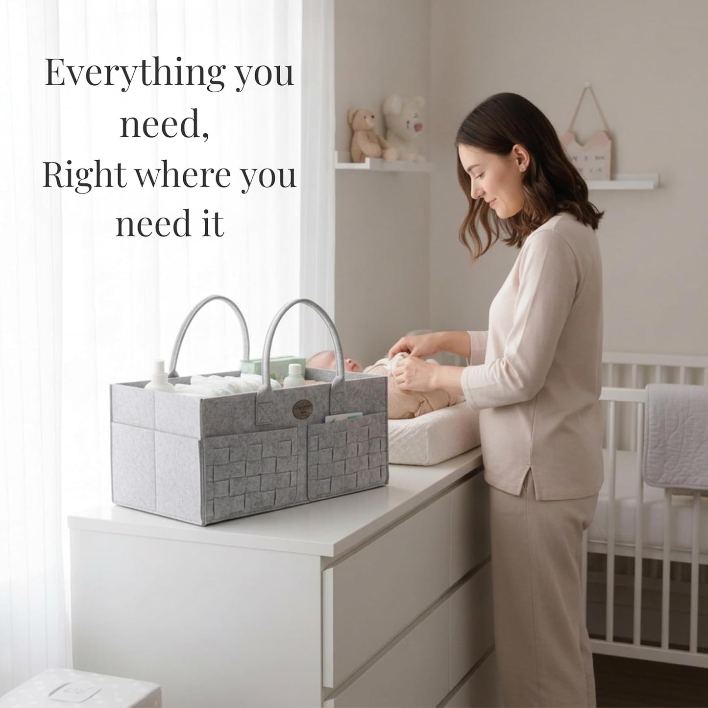 Baby Diaper Caddy Organizer for Nursery – Large Felt Storage Basket for Baby Essentials, Wipes & Diapers – Portable Nursery Organizer Bin for Changing Table or Living Room Light Grey