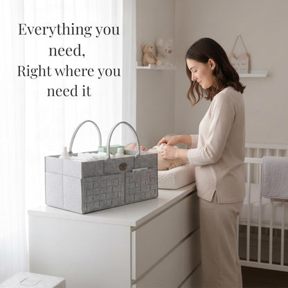 Baby Diaper Caddy Organizer for Nursery – Large Felt Storage Basket for Baby Essentials, Wipes & Diapers – Portable Nursery Organizer Bin for Changing Table or Living Room Light Grey