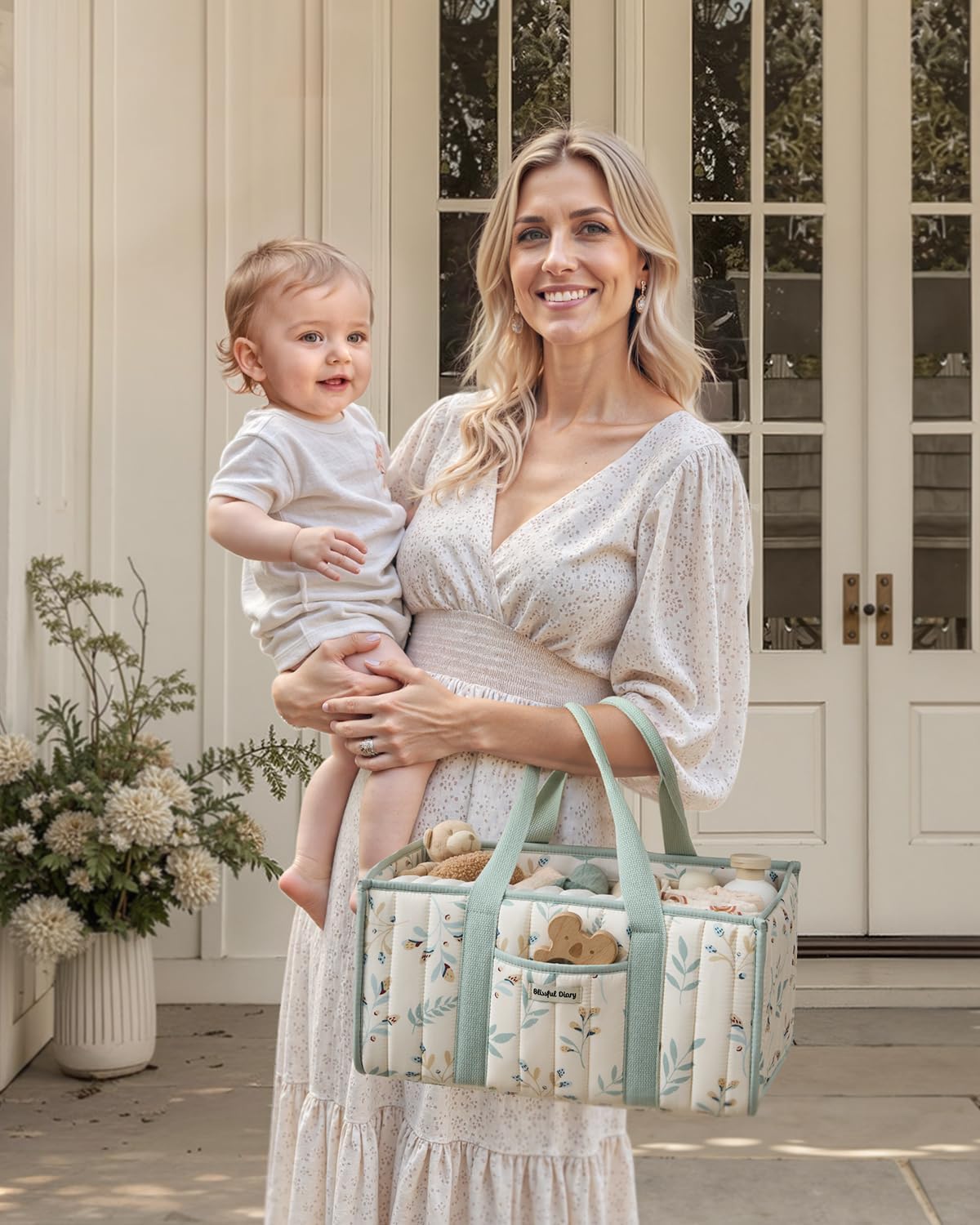Blissful Diary Floral Diaper Caddy Organizer, Stylish Nursery Storage Basket, Gift for Baby Shower, Newborn Essentials, Floral Beige