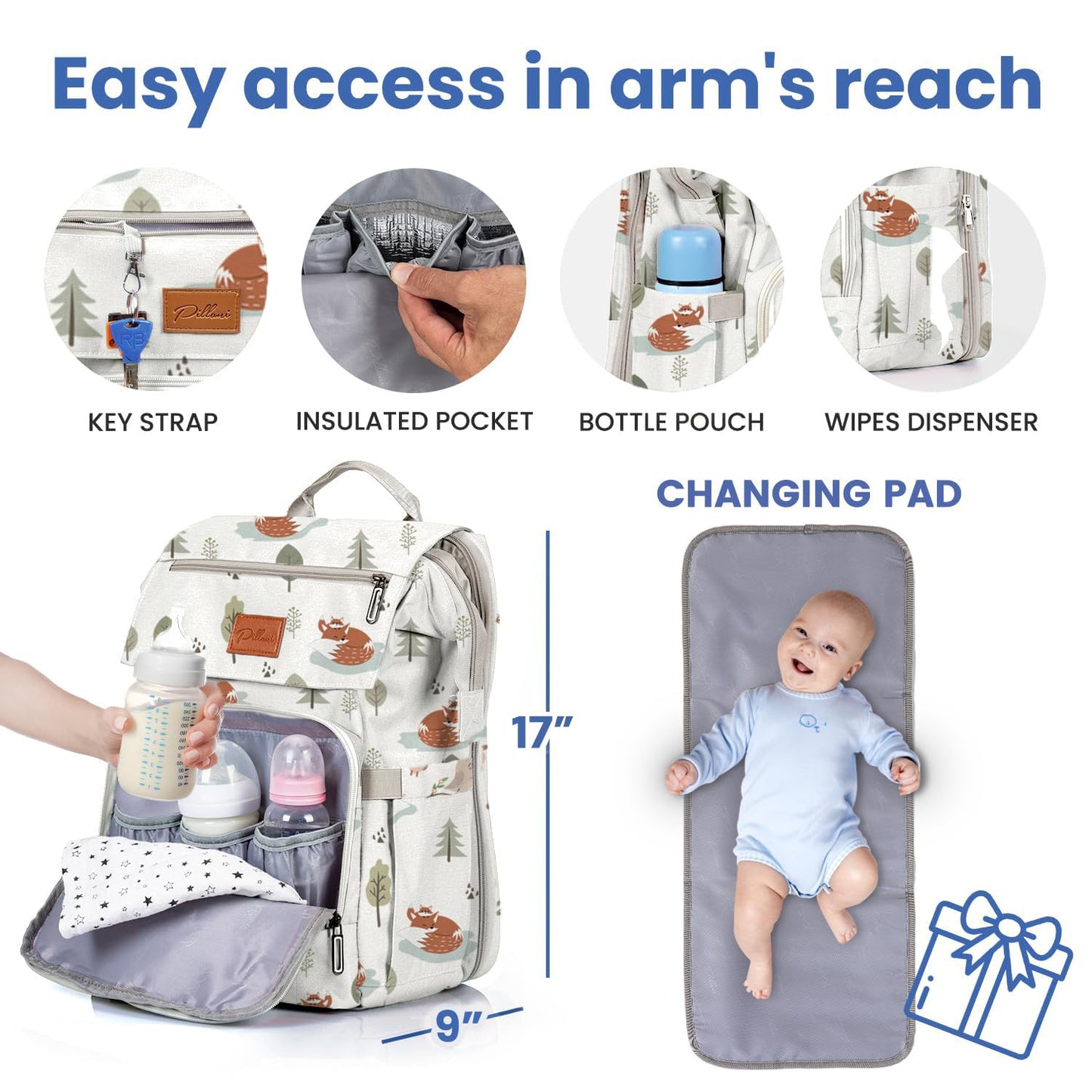 PILLANI Baby Diaper Bag Backpack - Large Waterproof Travel Diaper Bag for Boys & Girls, 16 Organizer Pockets with Changing Pad, Insulated Bottle Pockets & Stroller Straps, Baby Shower Gifts, Dinosaur